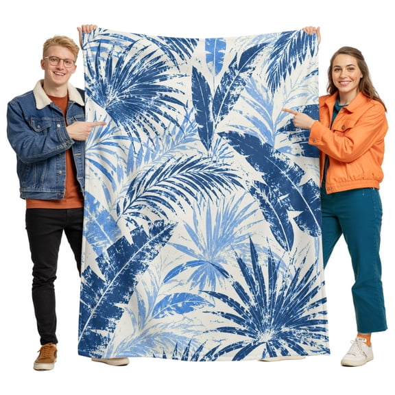 Flannel Throw Blanket for Couch Sofa Bed, Summer Tropical Blue Leaves Soft Cozy Warm Fuzzy Blanket 40x50in