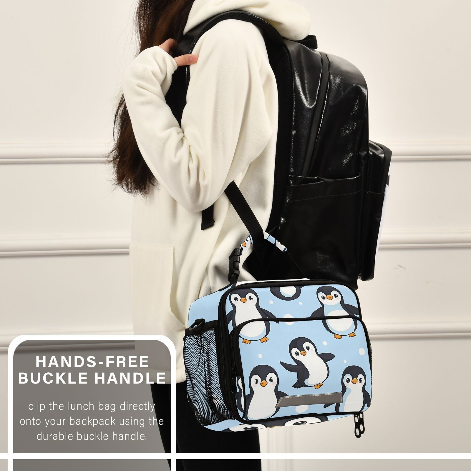 Penguins in Blue Lunch Bag Cooler Bag Cooling Tote Portable Shoulder Strap Interior Pockets for Picnic Travel