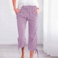 thumbnail image 4 of Dndif Clearance Womens Linen Pants Women Fashion Solid Color Cotton Elastic Long Pants Beach Leisure Trousers Linen Womens Capris for Summer Clearance Purple S, 4 of 5