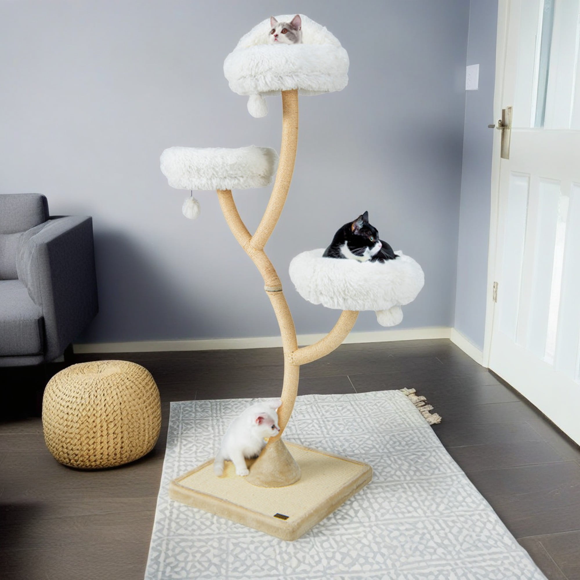 resenkos 70" Cat Tree with Scratching Post, Cat Tower with Padded Plush Perch and Dangling Balls, Multi-Platform for Jump, Beige