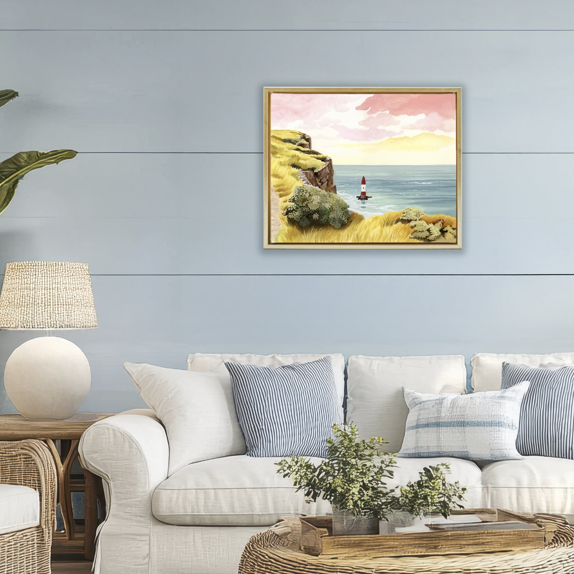 Beachy Head Lone Lighthouse Gold Framed Floater Canvas Wall Art, design by Courtney Haley
