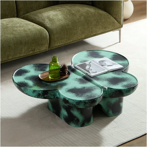 JERFIT Modern Green Faux Travertine Coffee Table for Living Room, Butterfly Shape Glass Fiber Accent Table with Black Detailing