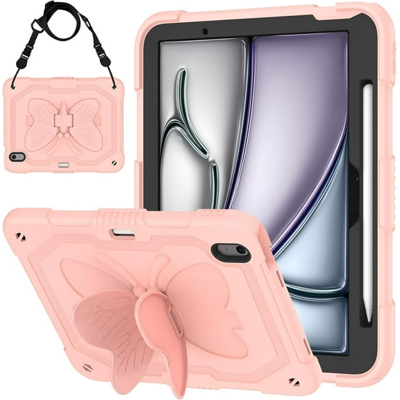 Butterfly iPad Air 11-inch M2 2024 Case with Shockproof Soft Silicone & Hard Kickstand, Removable Shoulder Strap, Pencil Holder, Kid-Friendly Protective Cover for Kids, Girls, and Travel Use