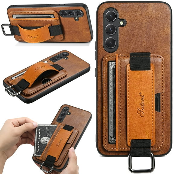 Feishell Case for Samsung Galaxy A54 5G (6.4 inch),Shockproof Retro PU Leather Credit Card Pocket Holder Portable Metal Ring Wristhand Strap Kickstand Anti-Scratch Slim Phone Case,Brown