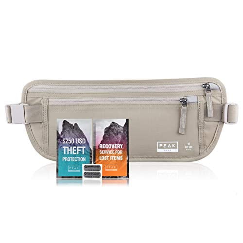 Travel Money Belt with RFID Block - Theft Protection and Global Recovery Tags (Beige REG - fits most)