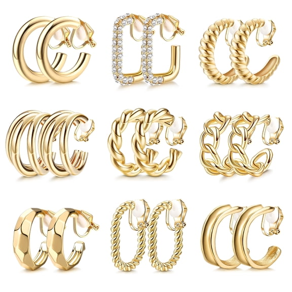 DESIGNICE 9Pairs Eye Catching Gold Plated Clip on Earrings Dumpy Hoop Designs Ear Accessory for Women Without Pierced Ear Jewelry