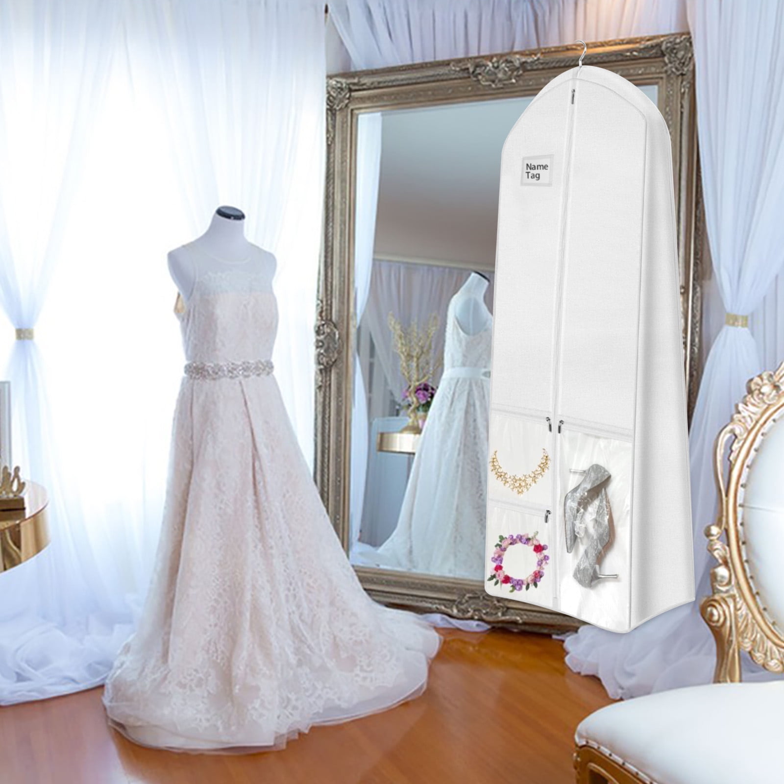 HCBY 71" Wedding Dress Garment Bag with 3 Clear Pockets, Breathable Non-Woven Long Gown Cover with Matching Tote Bag, for Bridal Gowns, Formal Dresses