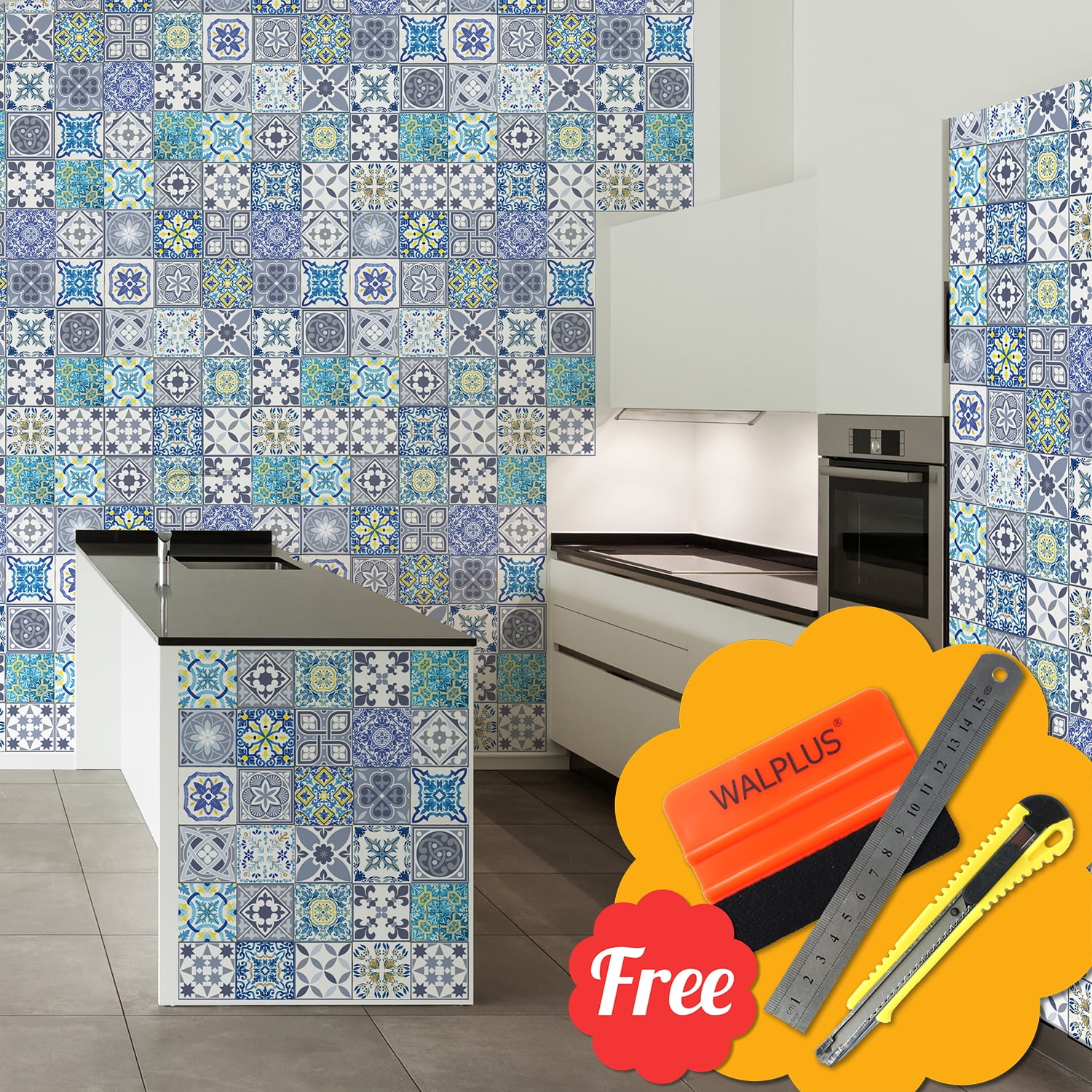 Walplus Peel and Stick Backsplash Blue Vintage Azulejo Mix Wall Tile Decals 48 Pcs 6" x 6"