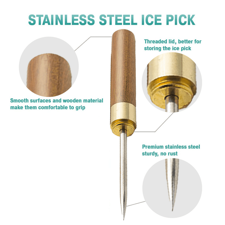 Stainless Steel Ice Pick,Pick Tool for Breaking Ice, Non-slip Wooden Handle  for Easy to Grip - rosewood 