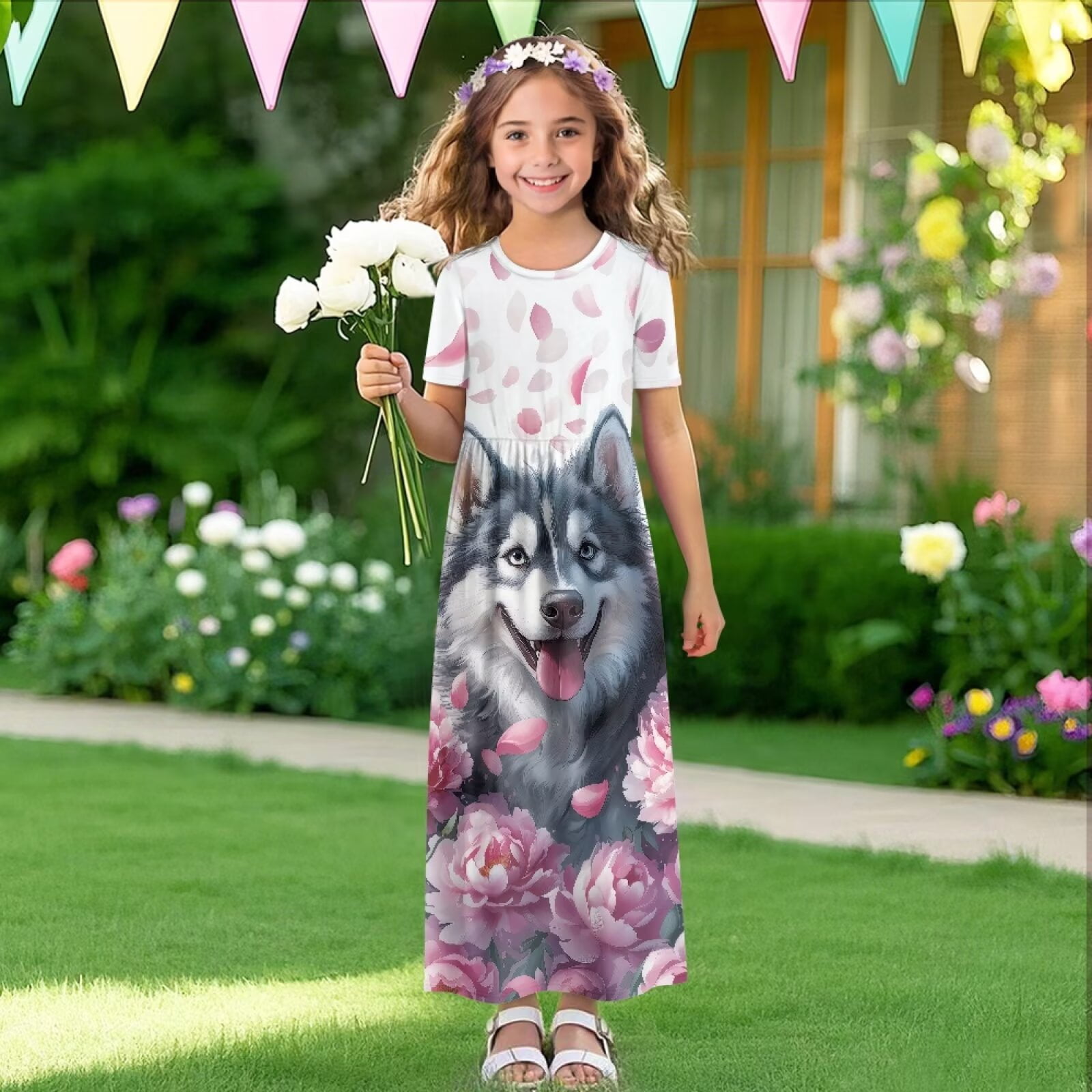 Uourmeti Girls Dress with Cute Husky Flower Print Short Sleeve Round Neck Casual Maxi Dresses with Pockets Summer Long Sundress for Kids, Size 13-14 Years