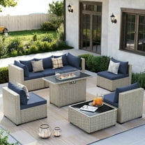 Amopatio 8 Pieces Patio Conversation Set With Firepit, Outdoor Sectional PE Rattan Wicker Furniture Seat,NAVY