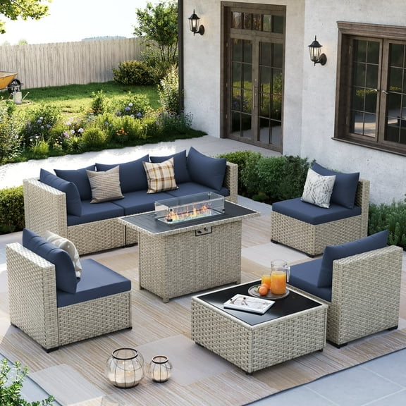 Amopatio 8 Pieces Patio Conversation Set With Firepit, Outdoor Sectional PE Rattan Wicker Furniture Seat,NAVY
