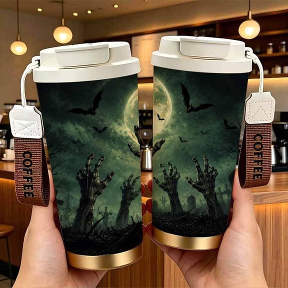 Full Moon Night Landscape Stainless Steel Insulated Coffee Cup with Double Drink Design, Portable Travel Tumbler with COFFEE Wrist Strap, Reusable Thermal Mug, Perfect Gifts