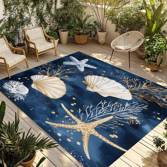 Fsddascl Coastal Outdoor Rug for Patio/Deck/Porch, Non-Slip Large Area Rug 5 x 8 Ft, Summer Beach Starfish Shell Sea Coral Navy Blue Indoor Outdoor Rugs Washable Area Rugs, Camping Rug Carpet