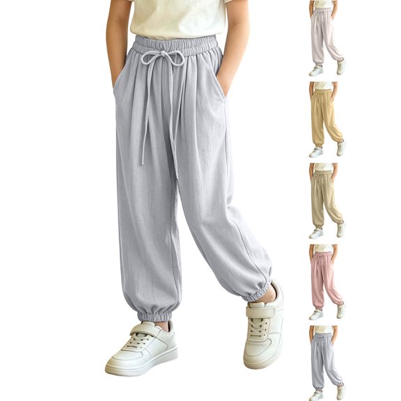 Pants For Girls Dqueduo Children's Solid Color Elastic Waist Wide Leg Casual Pants Leisure Sweatpants For Kids, Sizes 0-13 Years