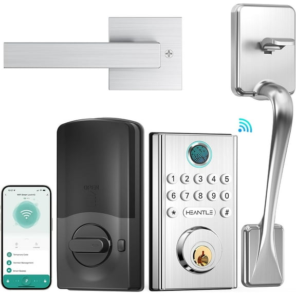 HEANTLE WiFi Smart Door Lock Set, Keyless Entry Door Lock with Handle Fingerprint Deadbolt Electronic Digital Keypad Door Lock Alexa Lock Auto Lock App Remote Control SILVER