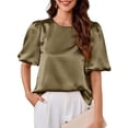thumbnail image 2 of Women'S Satin Silk Blouses Puff Short Sleeve Dressy Casual Tops Loose Fit Crew Neck Cropped Shirts Green S, 2 of 10