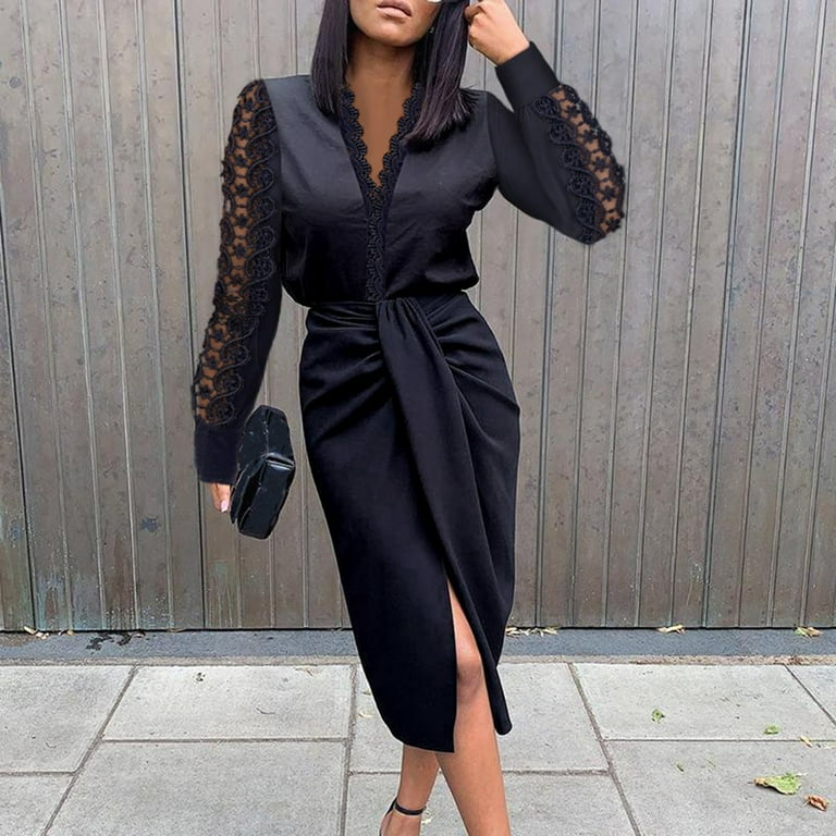 Dadaria Cocktail Dresses Plus Size with Sleeves Autumn And Winter Women V Neck Solid Slimming Lace Long Sleeve Slit Bandage Draw Back Buttocks Party