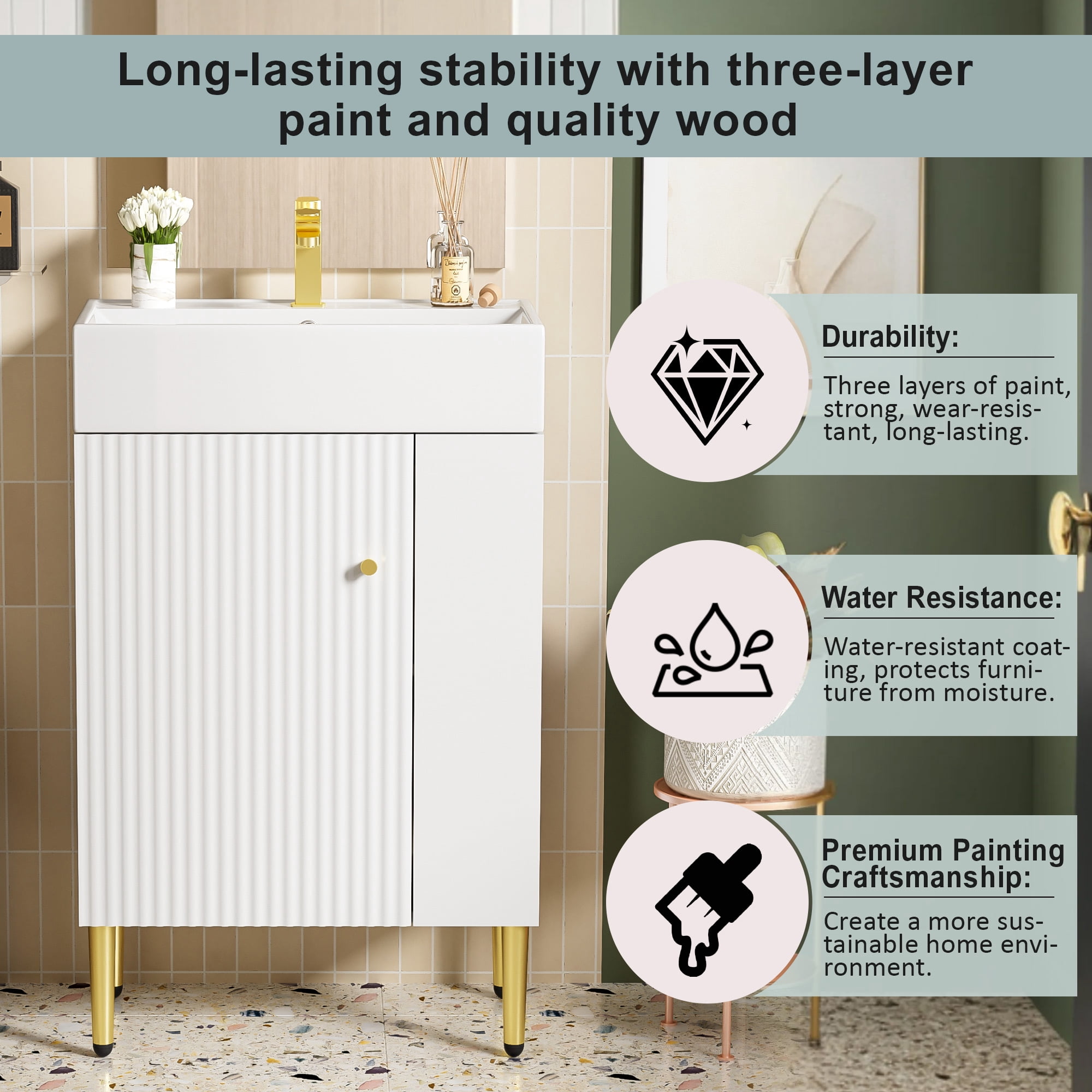 Euroco 21.6" White Bathroom vanity, Combo Cabinet, Bathroom Storage Cabinet, Single Ceramic Sink, Right Side Storage