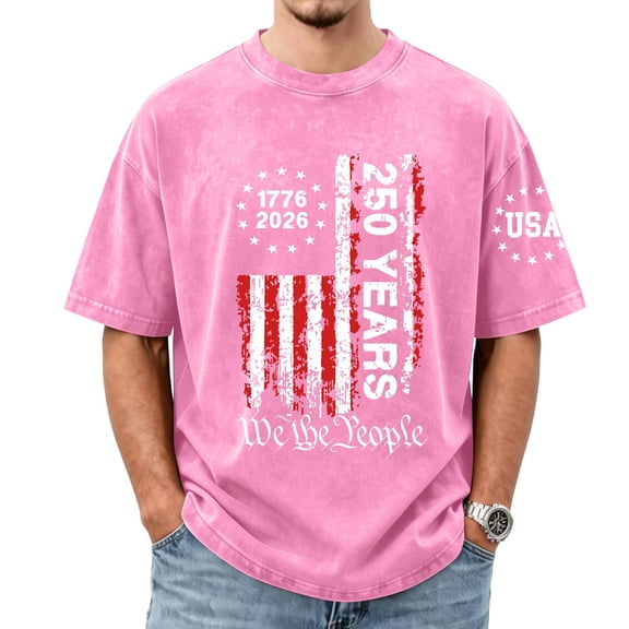 Kixjoy American Flag Shirts for Men 4th Of July Acid Wash Short Sleeve T Shirt Lounge Crew Neck Big and Tall Patriotic Graphic Tees, Pink 2XL