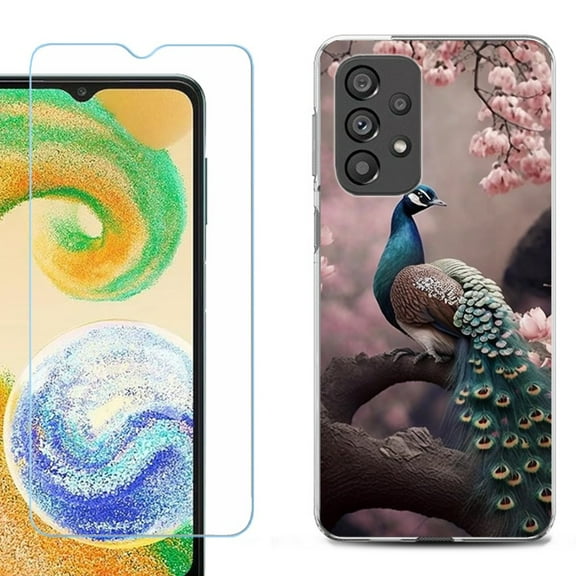 Shockproof Fashion Phone Case for Samsung Galaxy A23 5G, with Tempered Glass Screen Protector, by OneToughShield ® - Peacock Flower