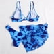 thumbnail image 3 of Conjunto de bikini pareo para mujer, 3 piezas, teñido anudado, corte alto, con aros, almohadillas suaves, cuello en V profundo, falda, traje de baño azul S, 3 of 7
