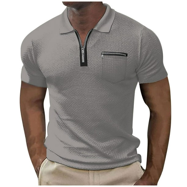 pstuiky Mangas cortas para hombre, Camiseta informal transpirable de poliéster de color sólido, cuello cubano grande, manga corta, solapa camisas casuales para hombre xxl