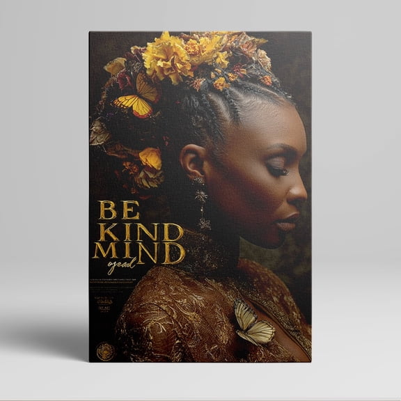 1pc African - American Woman with Floral Hair and Butterflies Canvas Wall Art, "BE KIND MIND" Quote Framed Decor room hanging Wall Picture Decor for Home Gifts, living room, bathroom, bedroom,