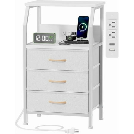 GLFW Furnulem 5 Drawers Dresser with Charging Station, Tall Night Stand with Open Shelf, Storage Tower with PVC & Fabric Drawer, Bedside Table for Bedroom, Closet, Entryway, 3 Ways to Use
