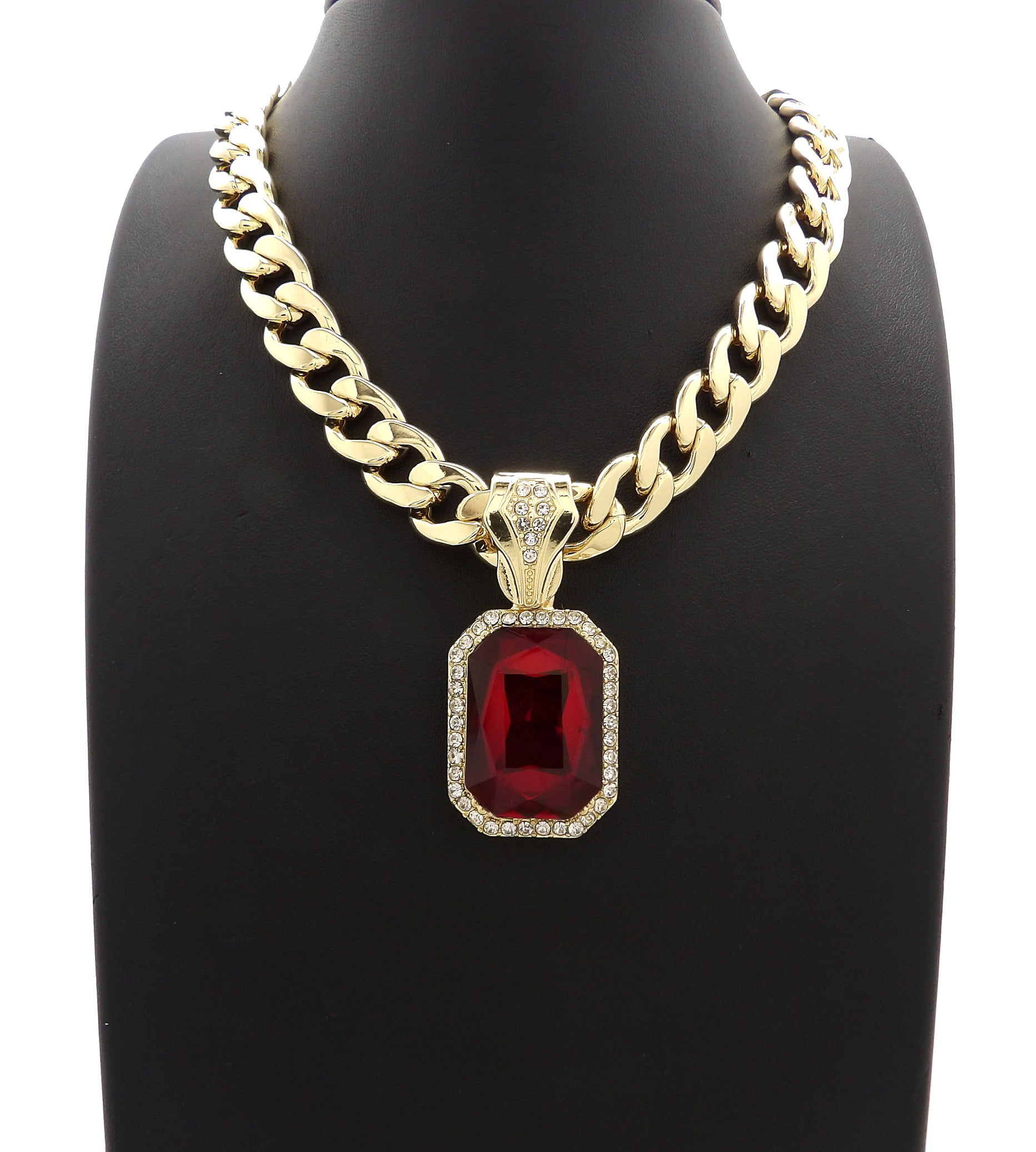 Men's Iced 14k Gold Plated Red Ruby CZ Pendant 24" Chain Necklace KC 7966 GRD
