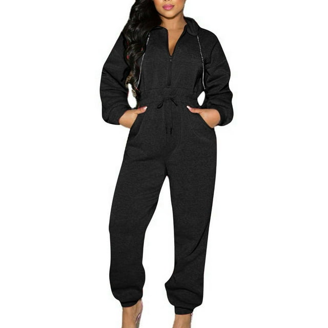 Yuyuzo Women Sweatshirt Jumpsuits Long Sleeve Zip up Elastic Drawstring Waist Hooded Pullover Rompers Solid Color