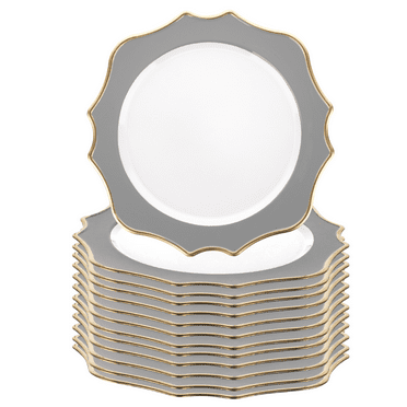 Koyal Wholesale Grey  Acrylic Charger Plates Round with Gold Modern Scallop Edge, Set of 12