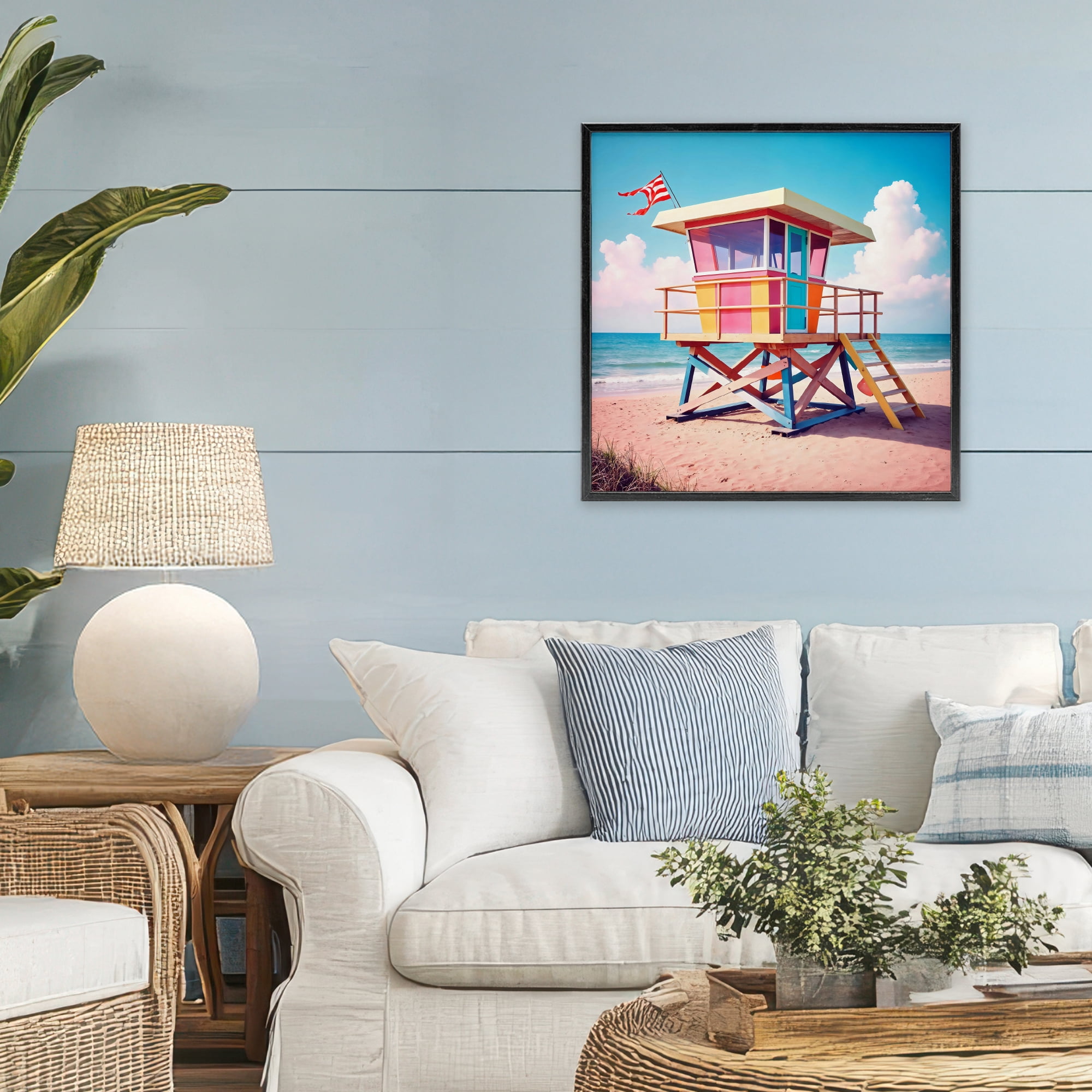 Stupell Industries Colorful Sunny Beach Tower Black Framed Giclee Art, design by Creative Studio