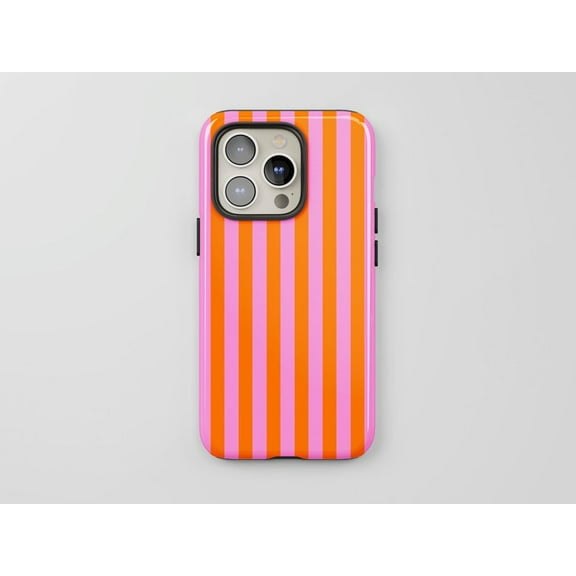 Bicolour Striped Orange & Pink Tough Phone Case – Retro Aesthetic, Compatible Cover for iPhone 16/15/14/13/12/11 Pro Max, Samsung Galaxy S24/S25/S23