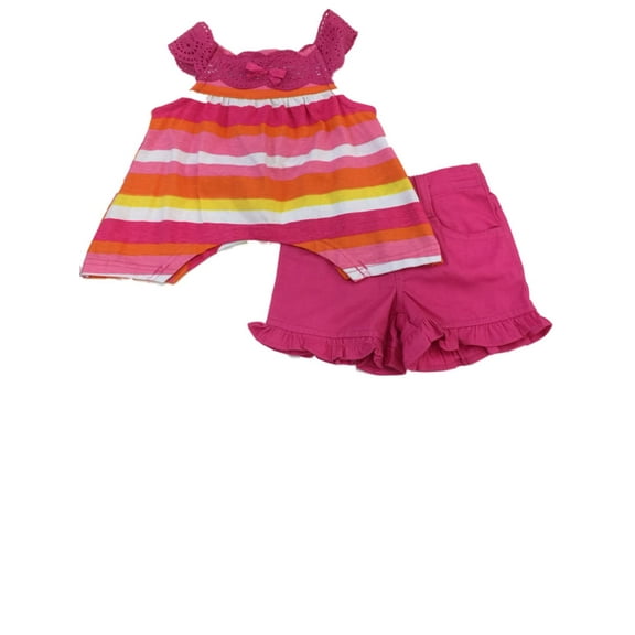Infant Girls Pink Yellow Orange Stripe Tank Top & Shorts Ruffle Outfit