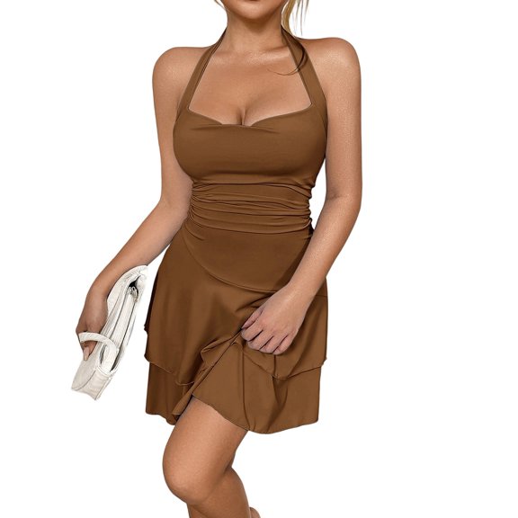 Women'S Halter Ruffle Hem Mini Dress Ruched Waist Corset Short Party Dresses Brown L
