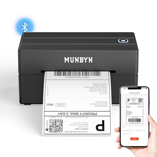 Impresora térmica de etiquetas Bluetooth MUNBYN 130B, impresora inalámbrica de etiquetas de envío 4x6 para paquetes de envío, pequeñas empresas, oficinas o hogares, compatible con iPhone, Android, iPa
