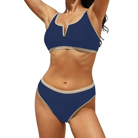 Women s High Waisted Bikini Sets Sporty Two Piece Swimsuits Color Block Cheeky High Cut Bathing Suits Women s Swimsuit V Neck Swimsuit High Waist Swimsuit Color Block Two Piece Swimsuit Navy S