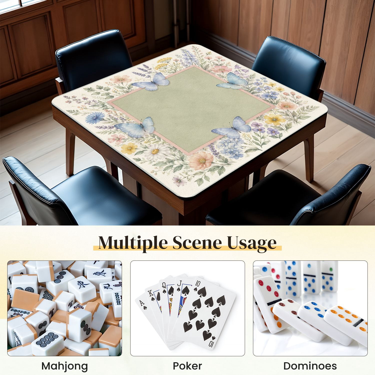 Mahjong Mat 31.5" x 31.5" Delicate Watercolor Blue Butterflies Wildflower Frame Non-Slip Noise Reduction Mahjong Tiles Table Cover for Dominoes Poker Card Board and Tile Games