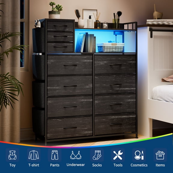 11 Fabric Drawer Storage Cabinet | LED Lights   Charging Station | Shelves & Hooks for Home Spaces