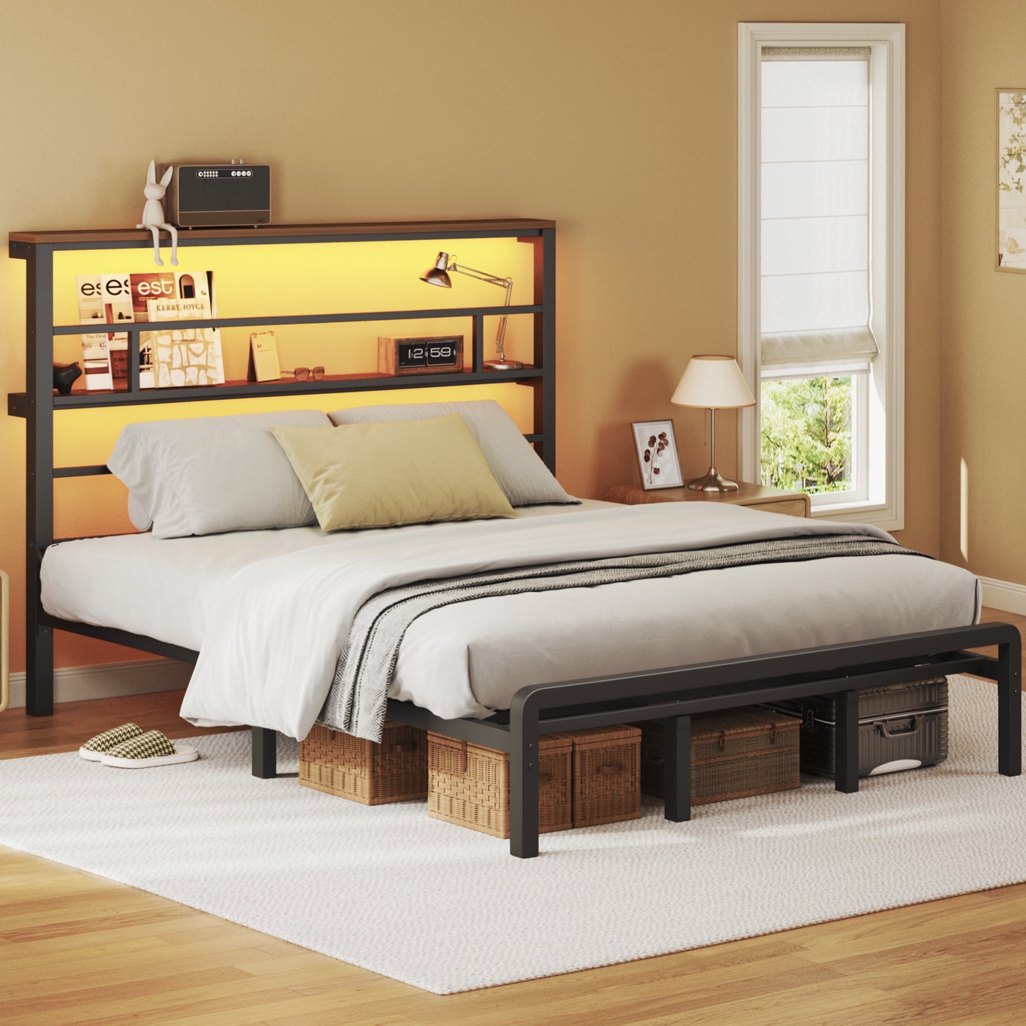 Patbrela California King Size Bed Frame with 49.2-Inch LED High Headboard and 2-Tier Storage, Metal Platform Bed, Black