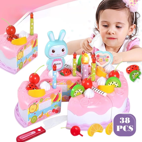 Pretend Play Cutting Birthday Cake Toy with Light Up Candles, Kids Food Party Role Play Toy, Christmas Birthday Holiday Gift, Educational Imagination Fine Motor Toy for Toddler Boys Girls 3
