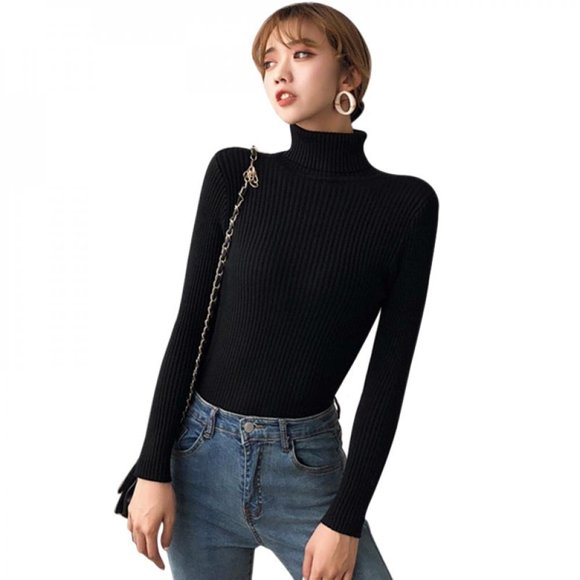 Linamei Womens Autumn Sweaters Slim Long Sleeve High Neck Knit Pullover Slim Sweater Tops