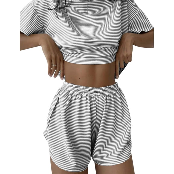 TEMOFON Women's 2 Piece Striped Lounge Set, Summer Casual Comfy Short Sleeve Top & Matching Shorts Loungewear Set