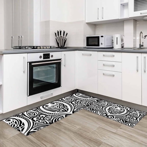 Polynesia Texture 2 Pieces Non-Slip Kitchen Mat Set Vintage Floral Tribe Abstract Black Soft Door Mat with Rubber Backing,Dirtproof Rugs for Entrance Doorway 18x30in 18x60in