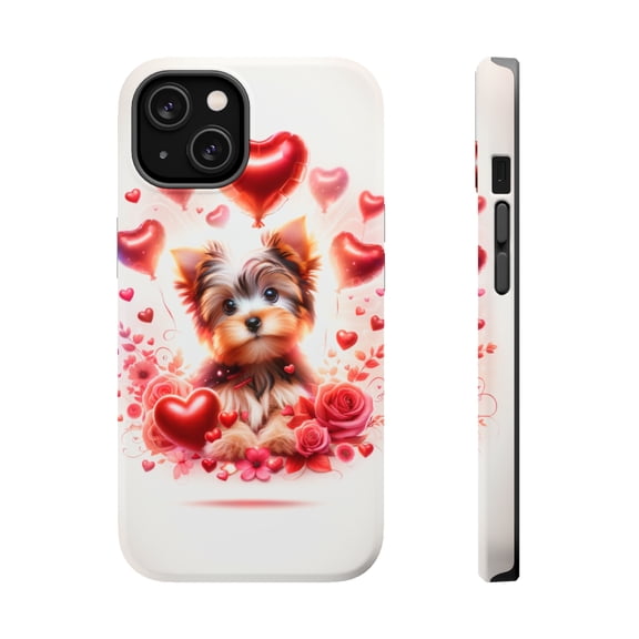 DistinctInk Tough Case for Apple iPhone 15 PLUS (6.7" Screen), Compatible with MagSafe Charging - Valentine's Day Yorkshire Terrier Puppy
