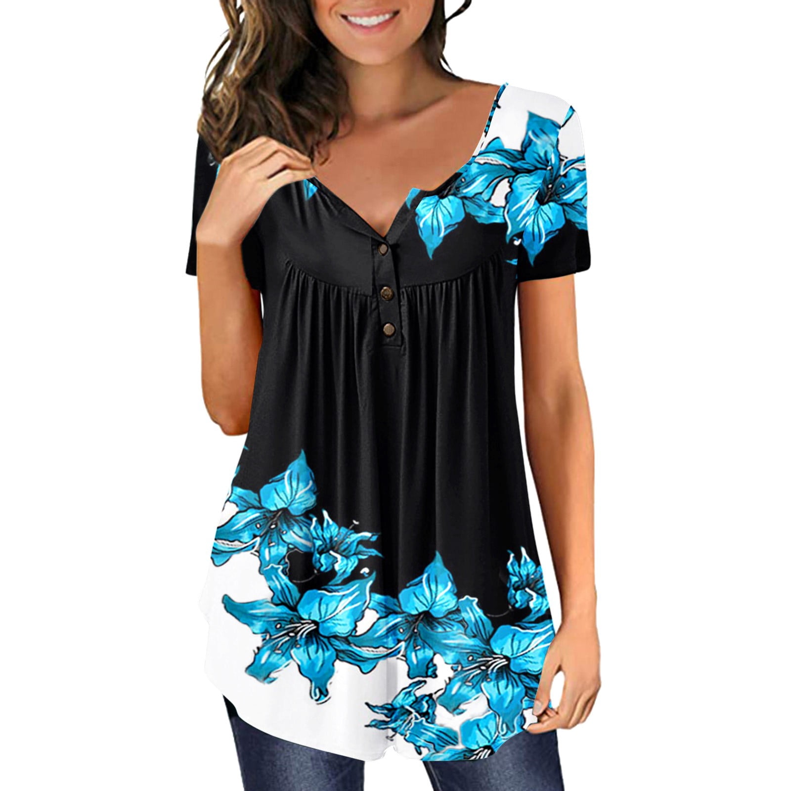 KI-8jcuD Womens Short Sleeve Black Tops Womens Suitable Tops Hide Belly  Tunic Summer Short Sleeve T Shirts Cute Flowy Henley Tshirt Fashion Dressy  Blouses Shirts Women Casual Women'S Shirts Blank At -