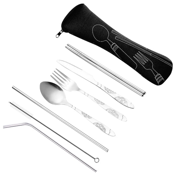 Ounissouiy 2021 nuevo portátil 8 unids/set cuchara tenedor juego de palillos de acero inoxidable juego de paja portátil Kit de vajilla Mostrada Negro