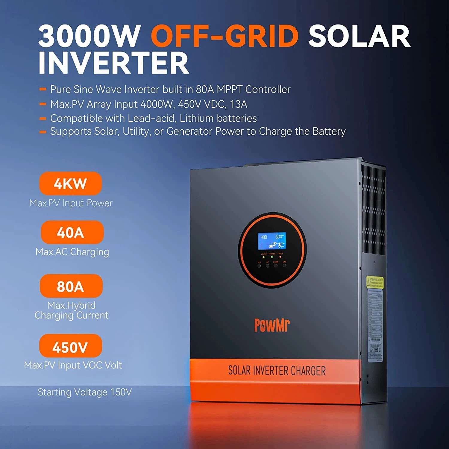 PowMr 3000W 24V Solar Inverter Hybrid 110VAC 80A MPPT Controller Max PV 450V Off Grid for Flooded Lead-Acid Vented Sealed Gel Nicd Lithium Battery