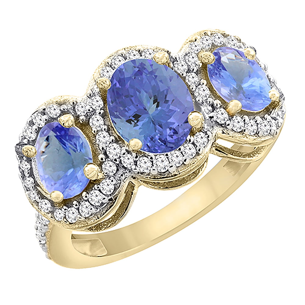 14K Yellow Gold Natural Tanzanite 3-Stone Ring Oval Diamond Accent, size 5 by Gabriella Gold
